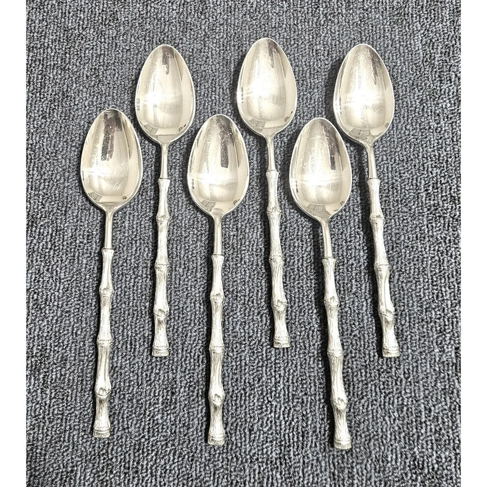 Oxford Hall JADE Soup Spoon Set of 6 Textured Bamboo Cane Stainless Flatware